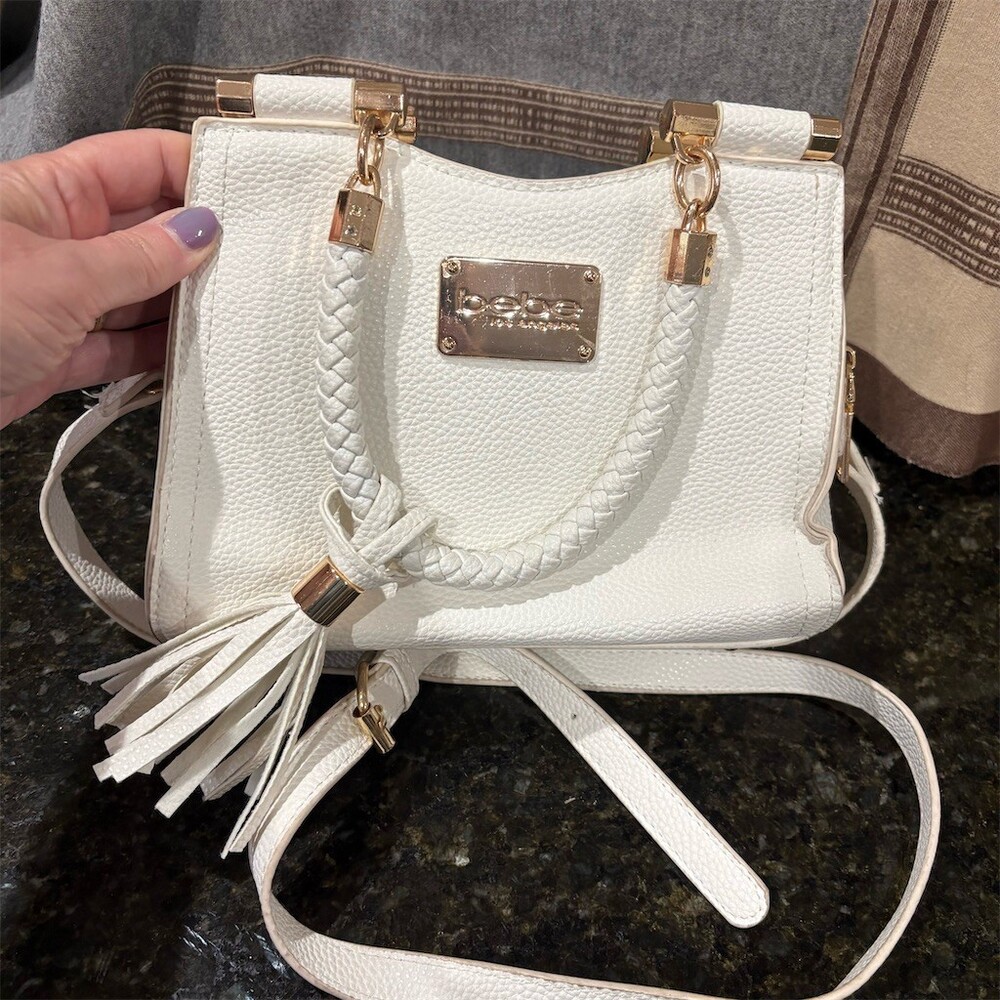bebe Mini Satchel Crossbody Bag Womens White Pebbled Tassel Gold Hardware